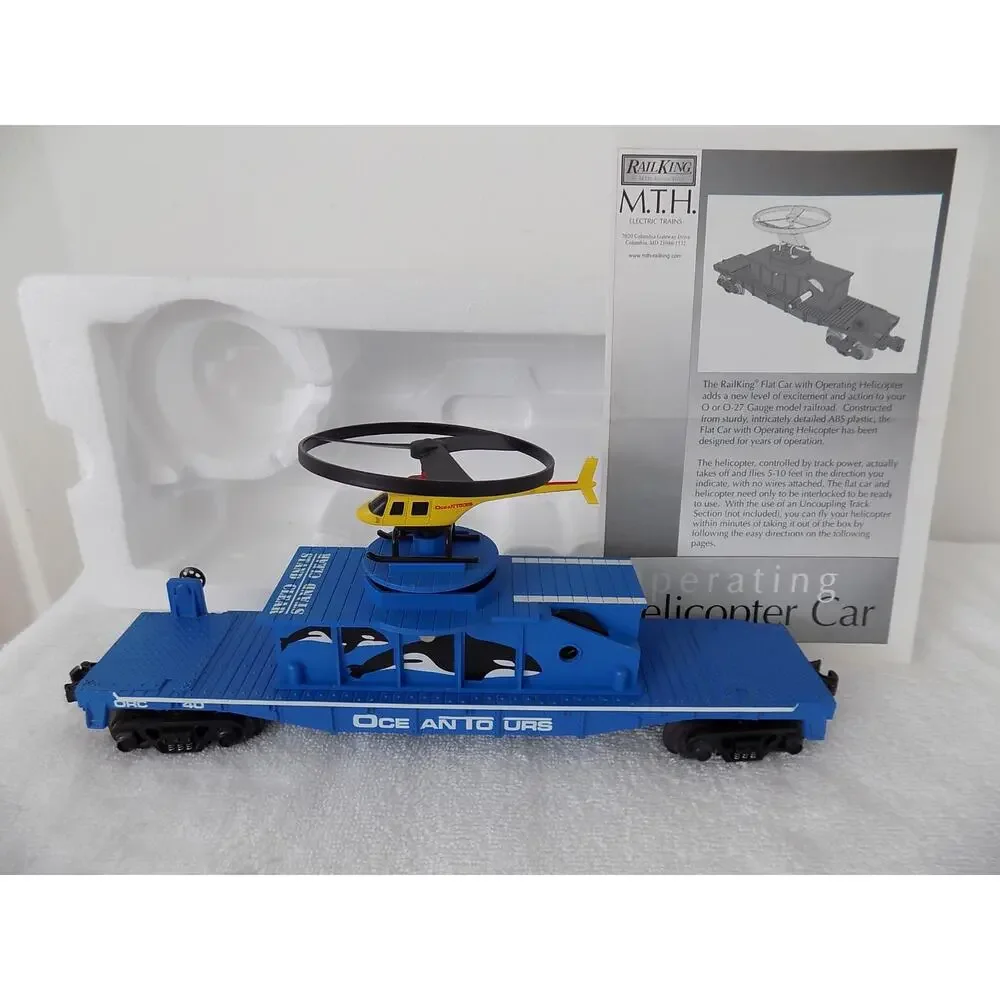 Rail King MTH Ocean Tours flat car with operating helicopter O gauge 30-79076